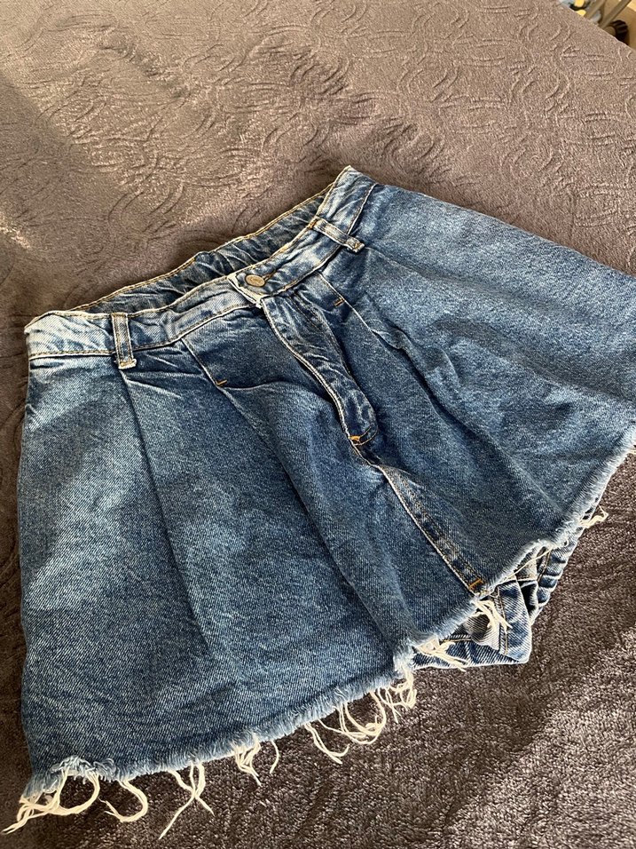 Pileli Mini Denim Şort Etek - Görsel 2