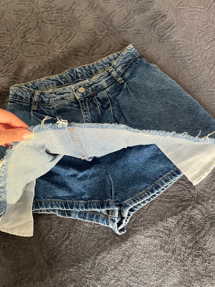 Pileli Mini Denim Şort Etek - Görsel 5