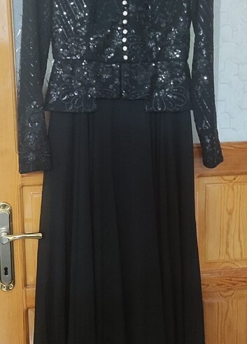 Tasarımcı Siyah payetli tesettür abiye elbise