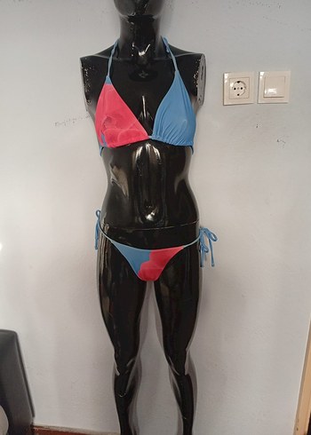 Kadın Mavi Kırmızı Bağlamalı Mini Bikini - Görsel 2