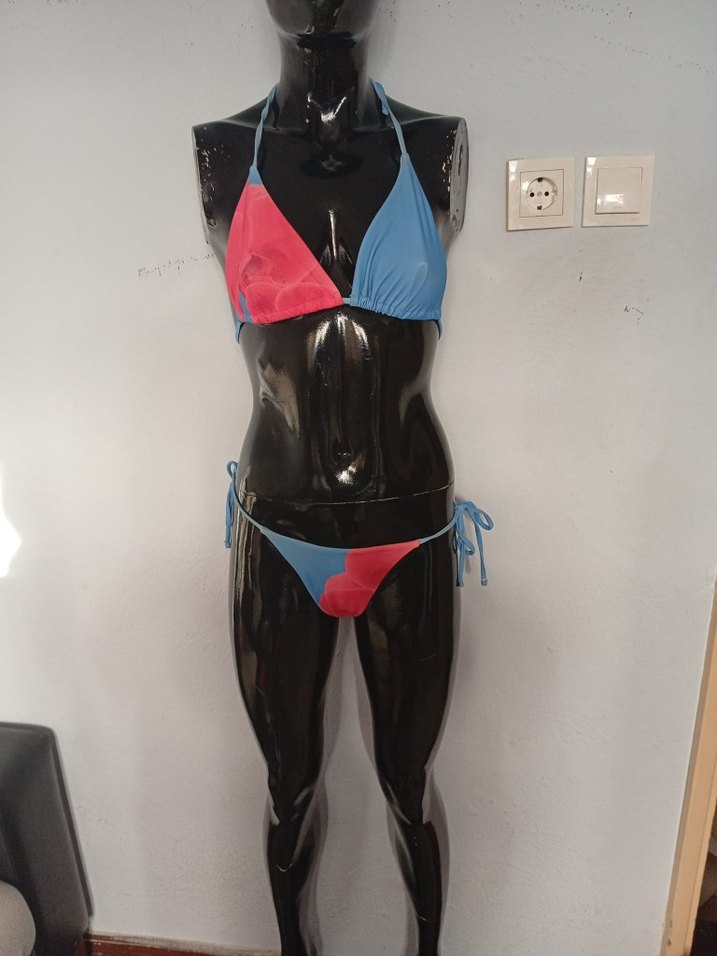 Kadın Mavi Kırmızı Bağlamalı Mini Bikini - Görsel 2