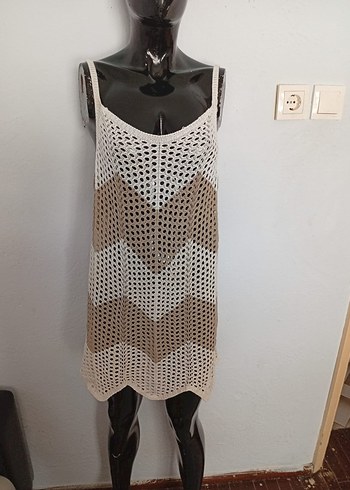 Bej Bağlamalı Desenli Örgü Mini Elbise - Görsel 2