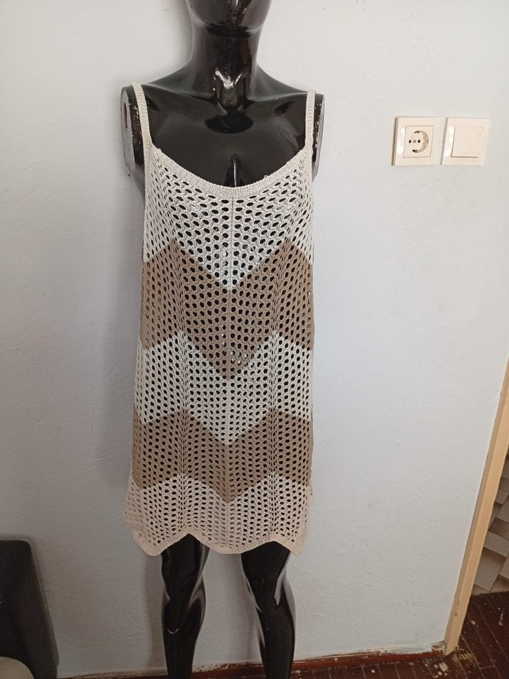 Bej Bağlamalı Desenli Örgü Mini Elbise - Görsel 2