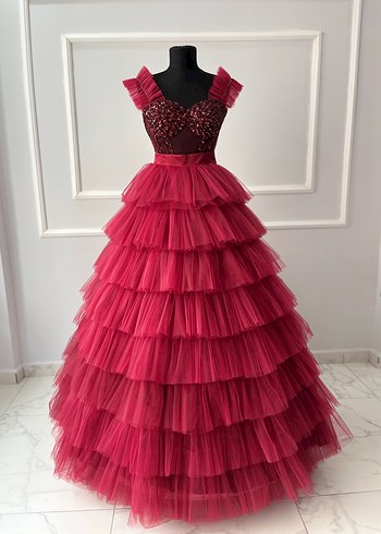 Bordo  Straplez Fırfırlı Abiye Elbise kınalık kına çıkış kıyafet - Görsel 3