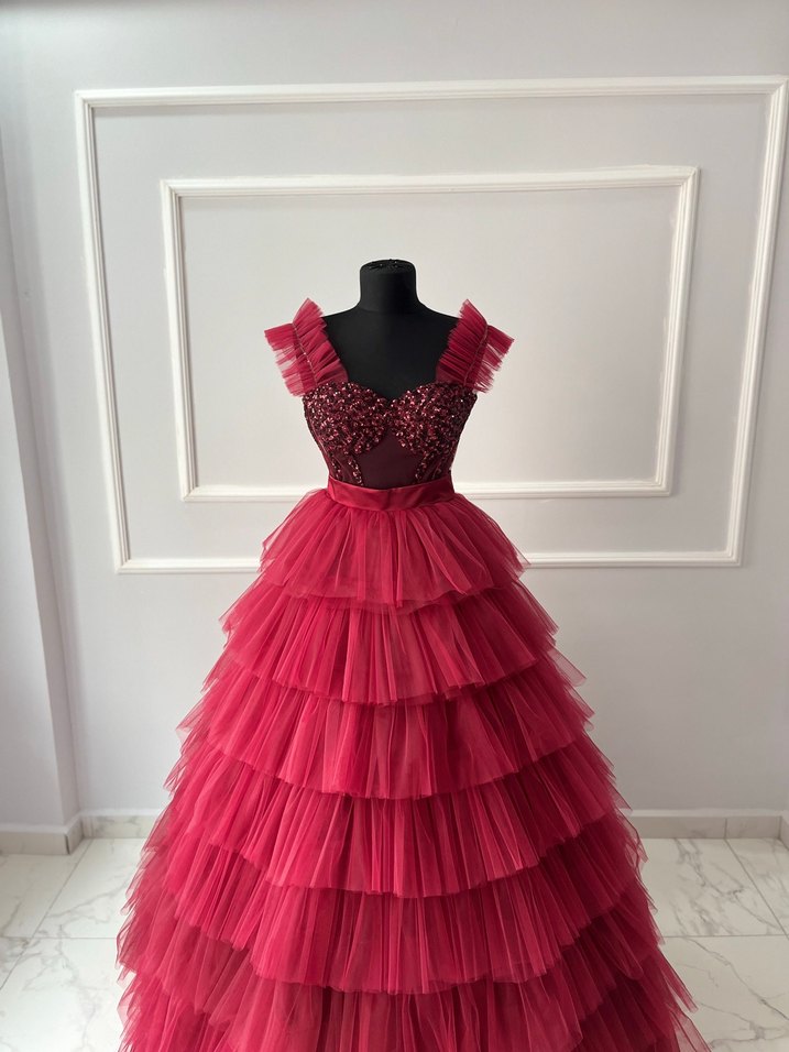 Bordo  Straplez Fırfırlı Abiye Elbise kınalık kına çıkış kıyafet - Görsel 4