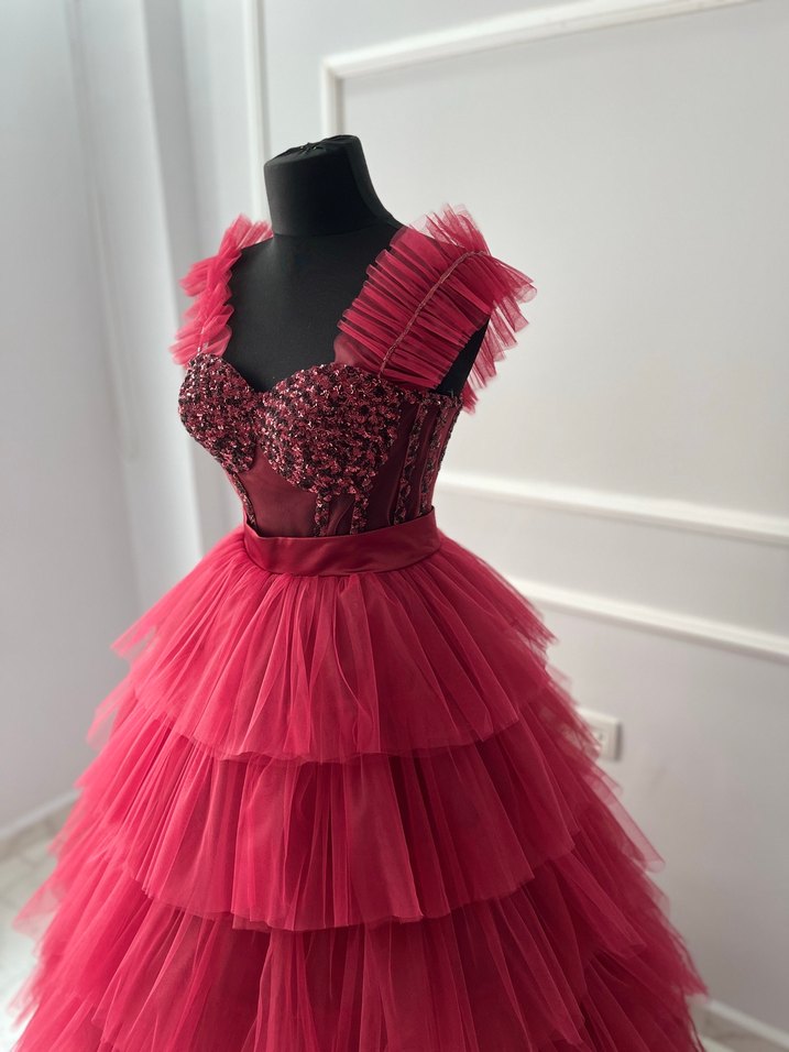 Bordo  Straplez Fırfırlı Abiye Elbise kınalık kına çıkış kıyafet - Görsel 2