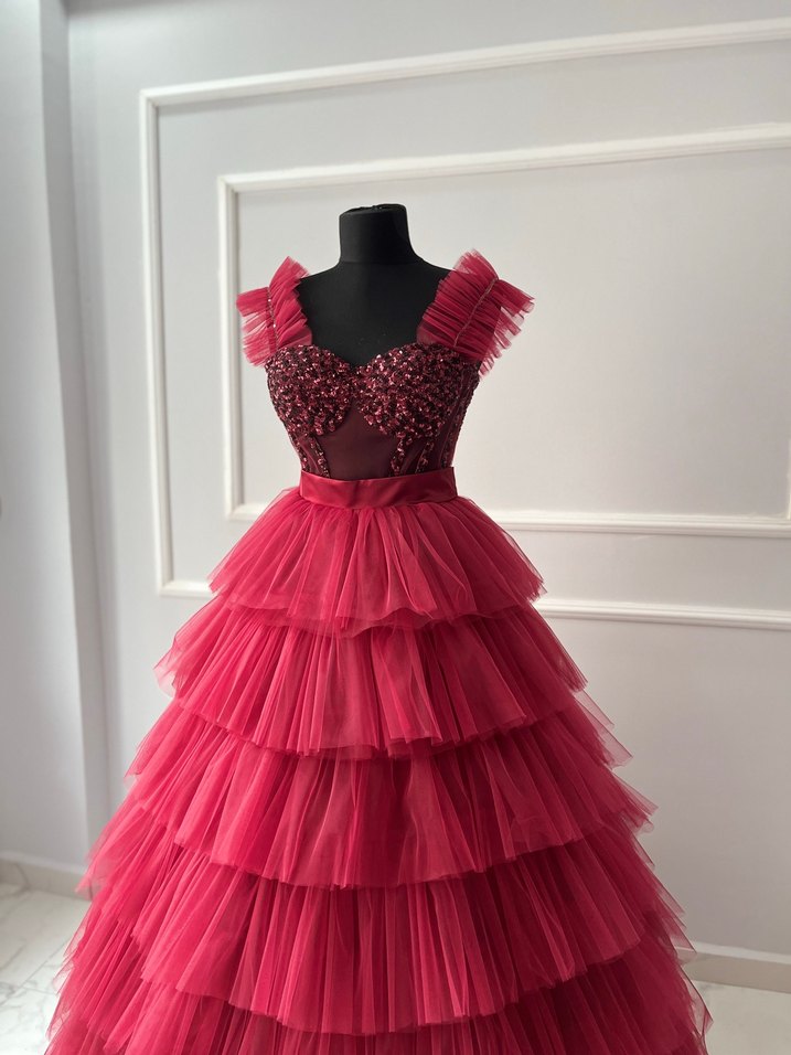 Bordo  Straplez Fırfırlı Abiye Elbise kınalık kına çıkış kıyafet - Görsel 5