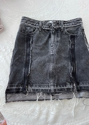 Zara 2li Gri Fermuarlı Dar Kesim Midi Kot etek ve leoparlı etek