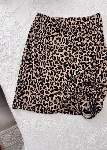 2li Gri Fermuarlı Dar Kesim Midi Kot etek ve leoparlı etek