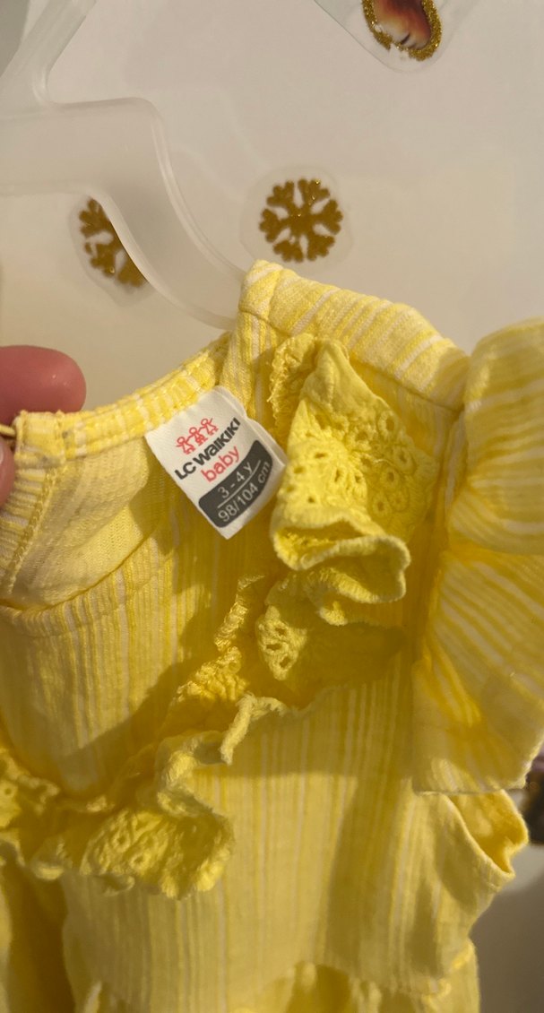 Sarı Kız Çocuk Keten Fırfırlı Elbise - Görsel 2