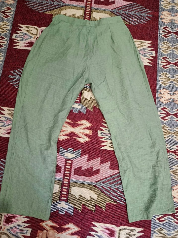 Yeşil Kadın Keten Bol Paça Pantolon - Görsel 4