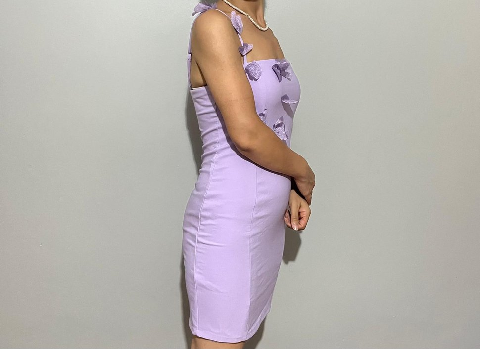 Mor Nakışlı Midi Straplez Kalem Elbise - Görsel 2