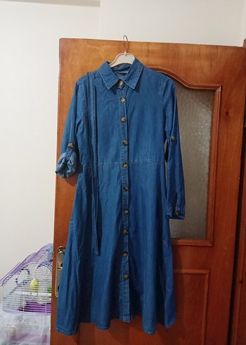 Düğmeli Lacivert Uzun Denim Elbise