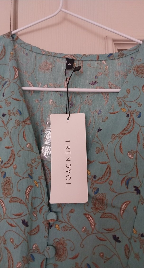 Turkuaz V Yaka Düğmeli Uzun Bohem Elbise - Görsel 2