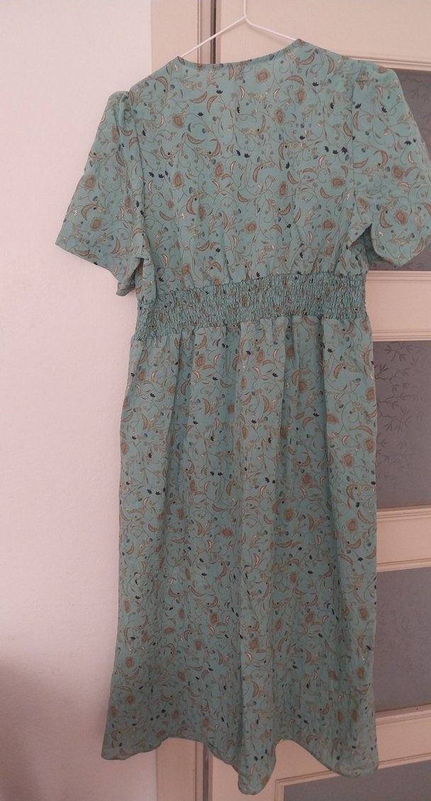 Turkuaz V Yaka Düğmeli Uzun Bohem Elbise - Görsel 3