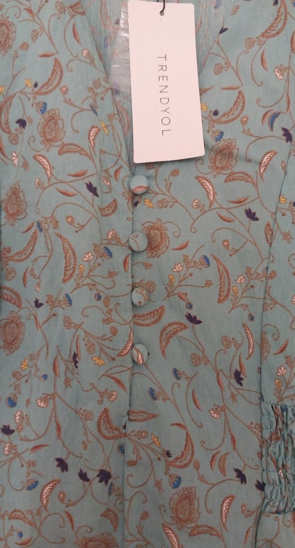 Turkuaz V Yaka Düğmeli Uzun Bohem Elbise - Görsel 4