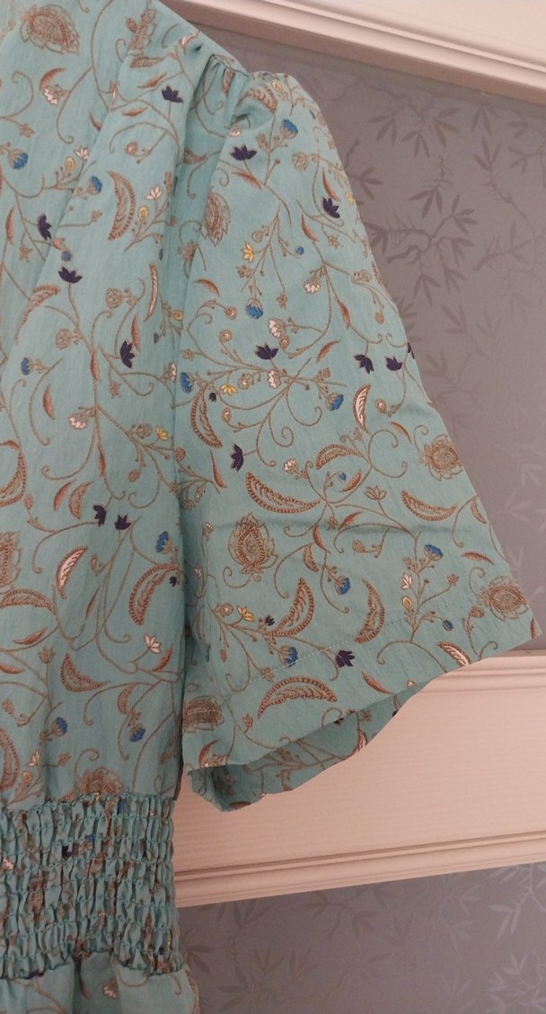 Turkuaz V Yaka Düğmeli Uzun Bohem Elbise - Görsel 5