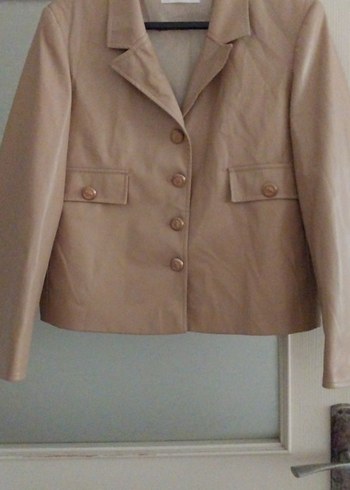 Bej Deri Mini Kadın Blazer Ceket - Görsel 4