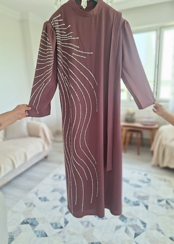 50 Beden bordo Renk Pembe Uzun Kollu İşlemeli Kadın Elbise