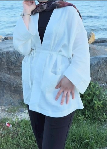 Kadın Beyaz Midi Keten Kimono