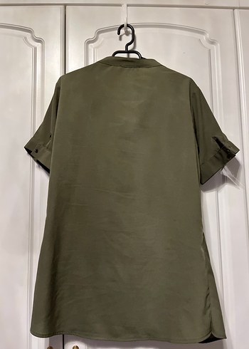 xl Beden haki Renk Düğmeli V Yakalı Keten Kadın Gömlek