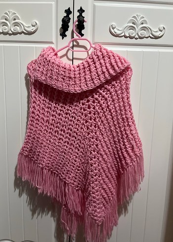 Pembe Kapüşonlu Örgü Kız Panço - Görsel 7