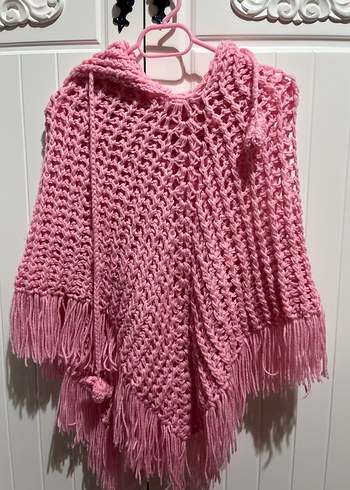 Pembe Kapüşonlu Örgü Kız Panço - Görsel 5