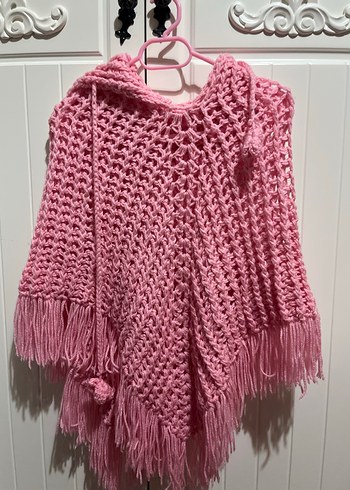 Pembe Kapüşonlu Örgü Kız Panço - Görsel 6