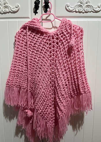 Pembe Kapüşonlu Örgü Kız Panço - Görsel 4