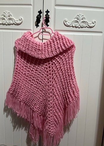 Pembe Kapüşonlu Örgü Kız Panço - Görsel 2