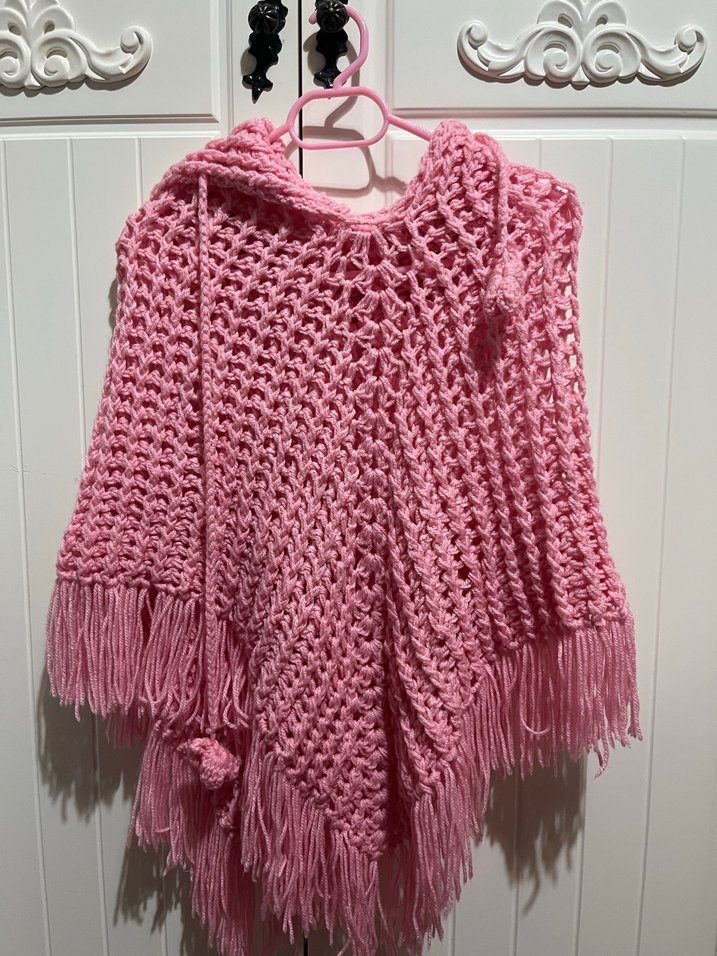 Pembe Kapüşonlu Örgü Kız Panço - Görsel 4