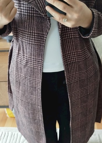 Kemerli Ekose Desenli Kadın Midi Kaban - Görsel 2