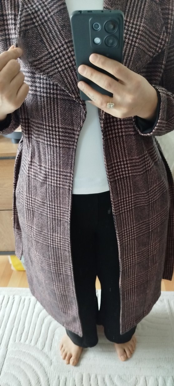 Kemerli Ekose Desenli Kadın Midi Kaban - Görsel 2