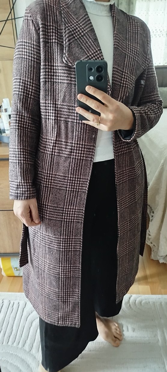 Kemerli Ekose Desenli Kadın Midi Kaban - Görsel 4