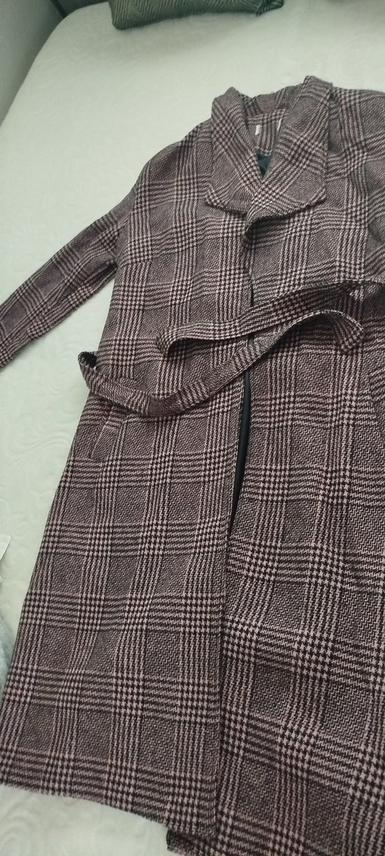 Kemerli Ekose Desenli Kadın Midi Kaban - Görsel 5