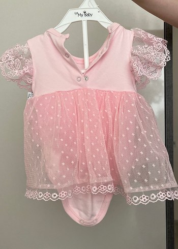 0-3 Ay Beden Kız Çocuk Pembe Dantel Detaylı Elbise