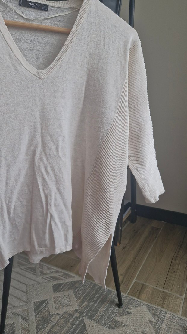 Bej V Yaka Uzun Kollu Kadın Triko - Görsel 3