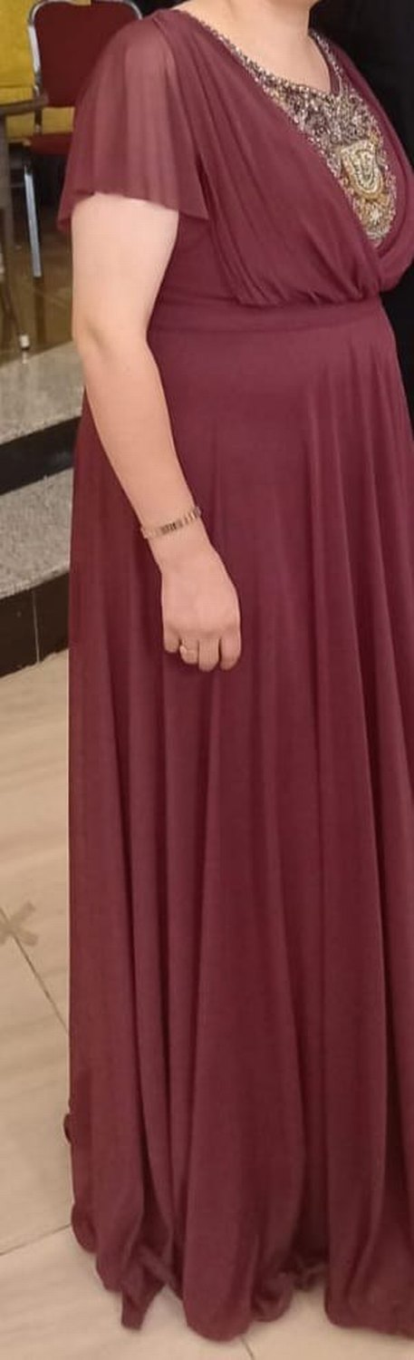 Bordo Uzun Kollu Salaş Kadın Abiye Elbise - Görsel 2