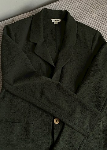 Düğmeli Yeşil Kadın Keten Blazer Ceket - Görsel 4