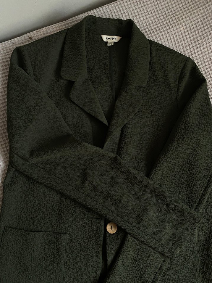 Düğmeli Yeşil Kadın Keten Blazer Ceket - Görsel 4