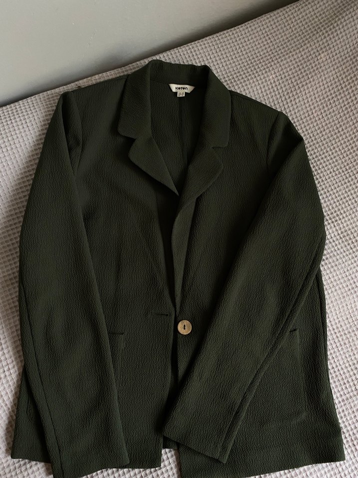 Düğmeli Yeşil Kadın Keten Blazer Ceket - Görsel 2