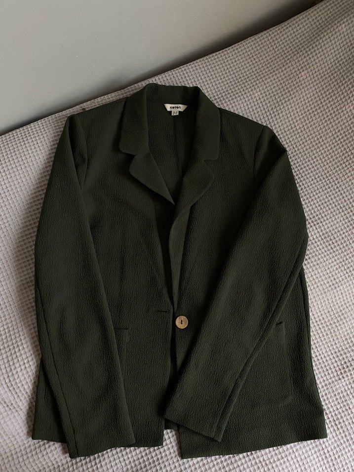 Düğmeli Yeşil Kadın Keten Blazer Ceket - Görsel 3