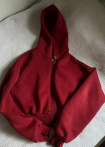 Bordo Kapüşonlu Fermuarlı  Sweatshirt - Görsel 3