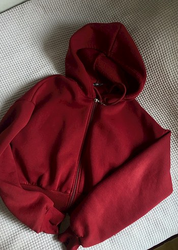 Bordo Kapüşonlu Fermuarlı  Sweatshirt - Görsel 4