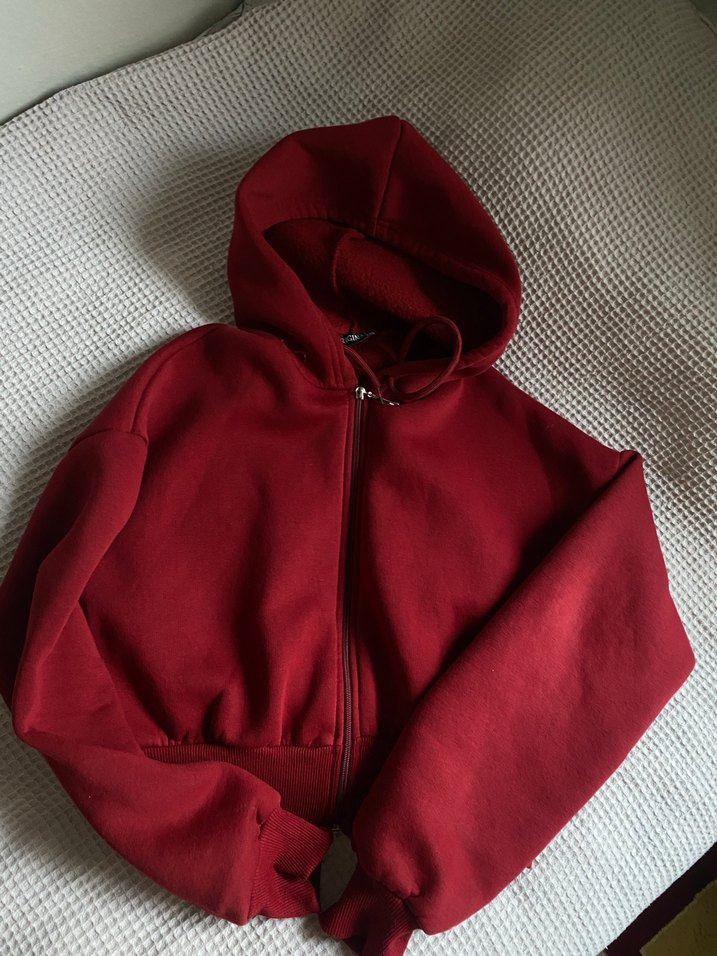 Bordo Kapüşonlu Fermuarlı  Sweatshirt - Görsel 2