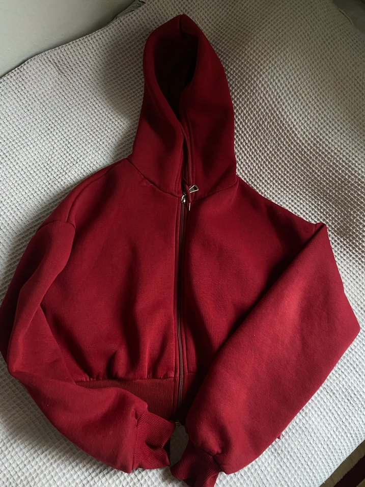 Bordo Kapüşonlu Fermuarlı  Sweatshirt - Görsel 3