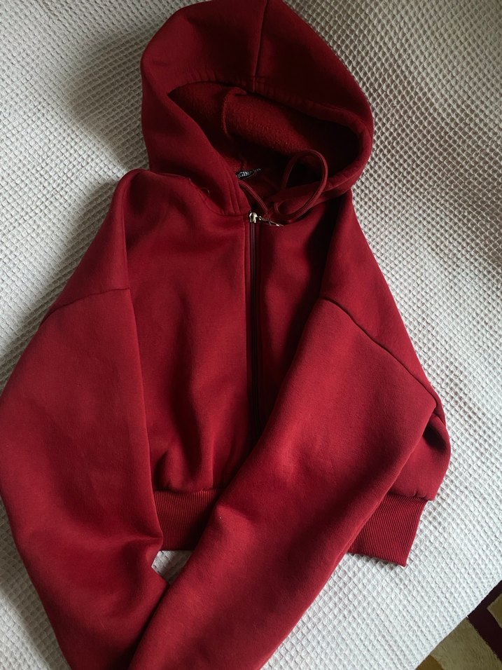 Bordo Kapüşonlu Fermuarlı  Sweatshirt - Görsel 5