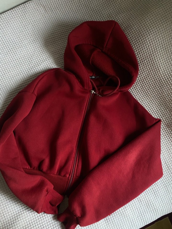Bordo Kapüşonlu Fermuarlı  Sweatshirt - Görsel 4