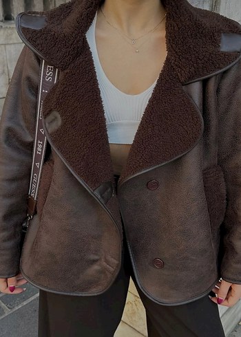 Kahverengi Kürklü Deri biker Ceket - Görsel 2