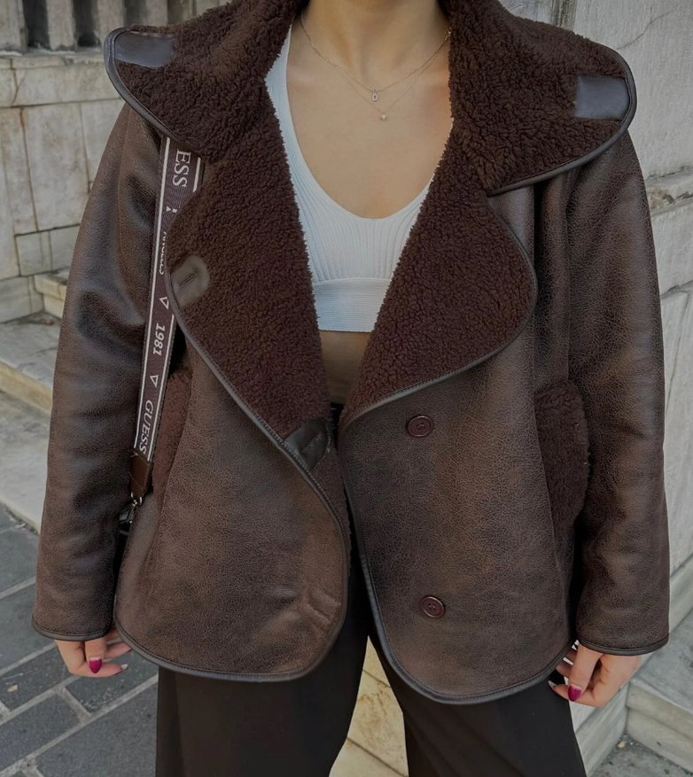 Kahverengi Kürklü Deri biker Ceket - Görsel 2